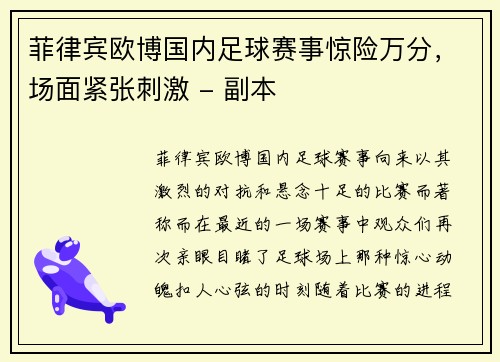 菲律宾欧博国内足球赛事惊险万分，场面紧张刺激 - 副本