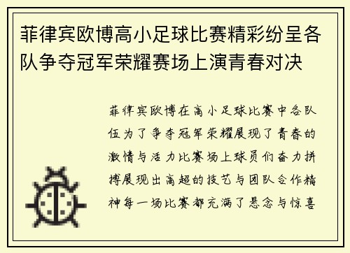 菲律宾欧博高小足球比赛精彩纷呈各队争夺冠军荣耀赛场上演青春对决