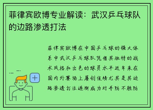 菲律宾欧博专业解读：武汉乒乓球队的边路渗透打法
