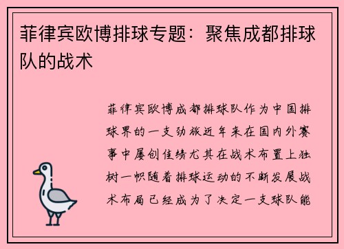 菲律宾欧博排球专题：聚焦成都排球队的战术